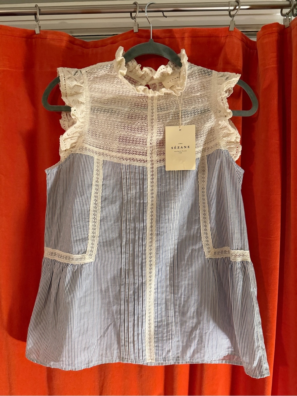 Sezane Blue Striped Lace-Trim blouse NWT